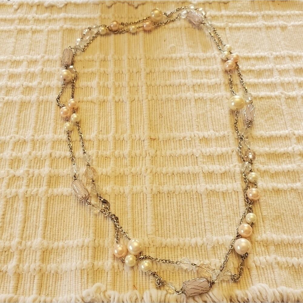 Faux pearl jeweled art deco convertible long silver tone‎ necklace